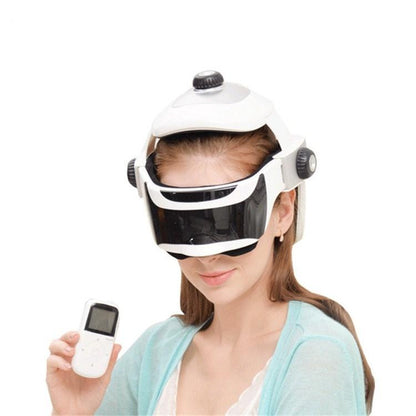 Woman wearing a futuristic helmet with a control device on a white background
