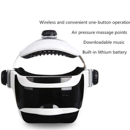 Black and white helmet with massage points and music player features on a white background