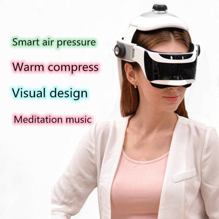 Woman wearing a white head massager with text describing its features on a white background