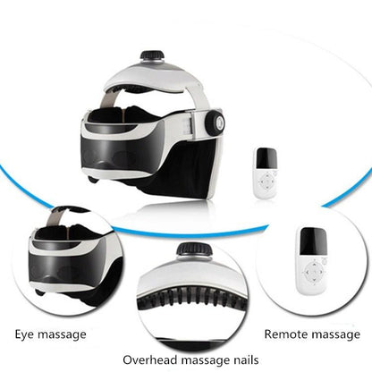 Massage device with eye, overhead, and remote massage functions on a white background