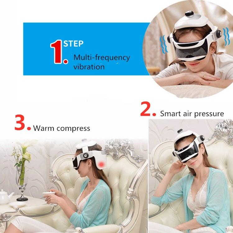 Product advertisement showing a woman using a device with multi-frequency vibration, smart air pressure, and warm compress features.