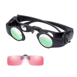 Black Fishing Binoculars with green lenses and a pink clip on a white background
