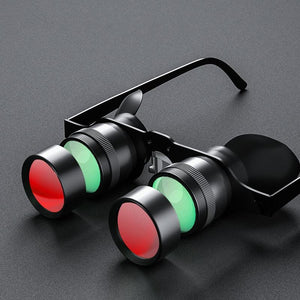 A pair of Fishing Binoculars adjustable focus fishing binoculars with red polarized lens, displayed on a dark background.