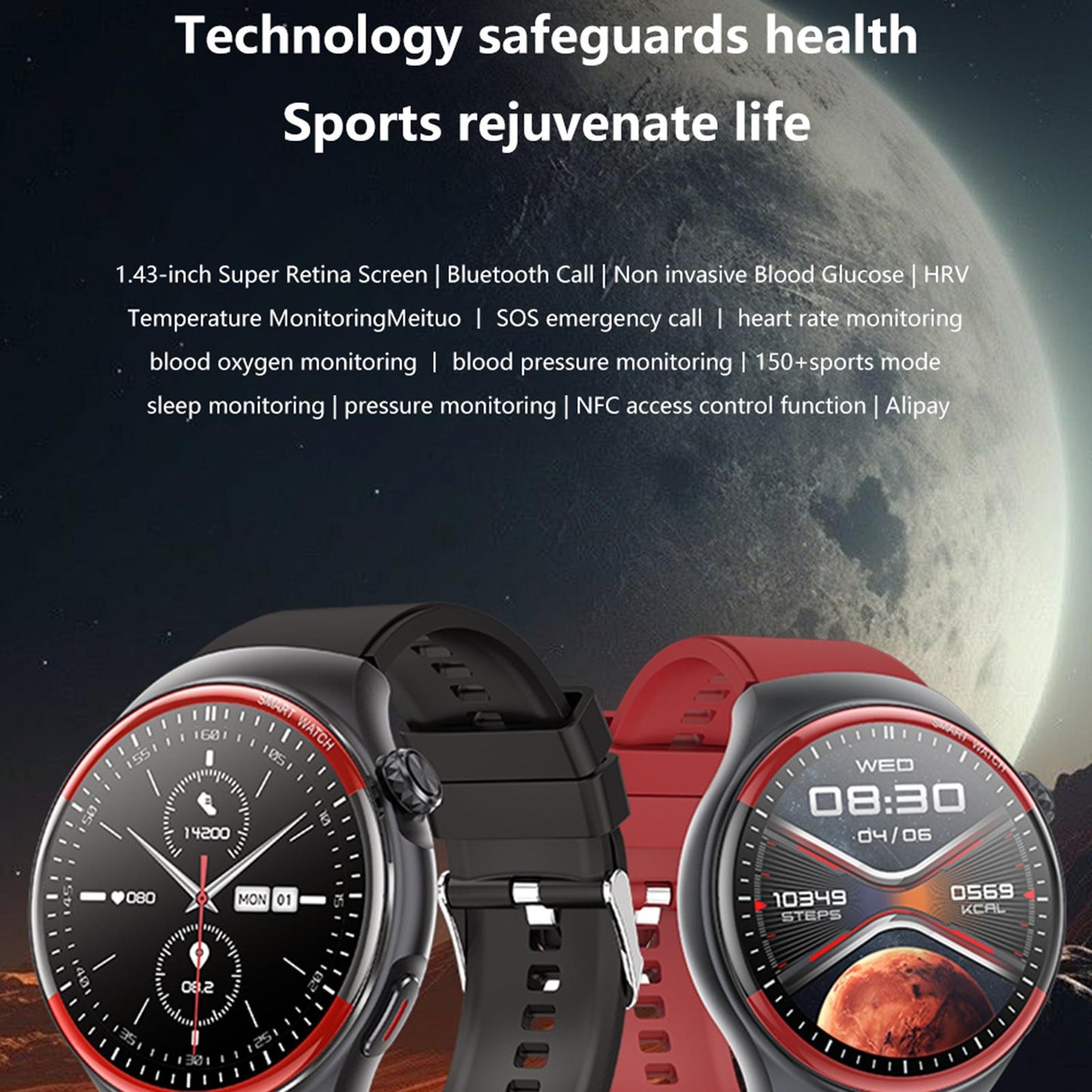 Smart Round Screen Watch With Bt Call And Health Tracking - Leather - Silicone Red