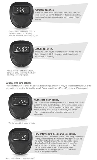 2.0 Inch Car Gps Hud Head Up Display Speed Altitude & Alarm Auto Sleep Satellite Signal