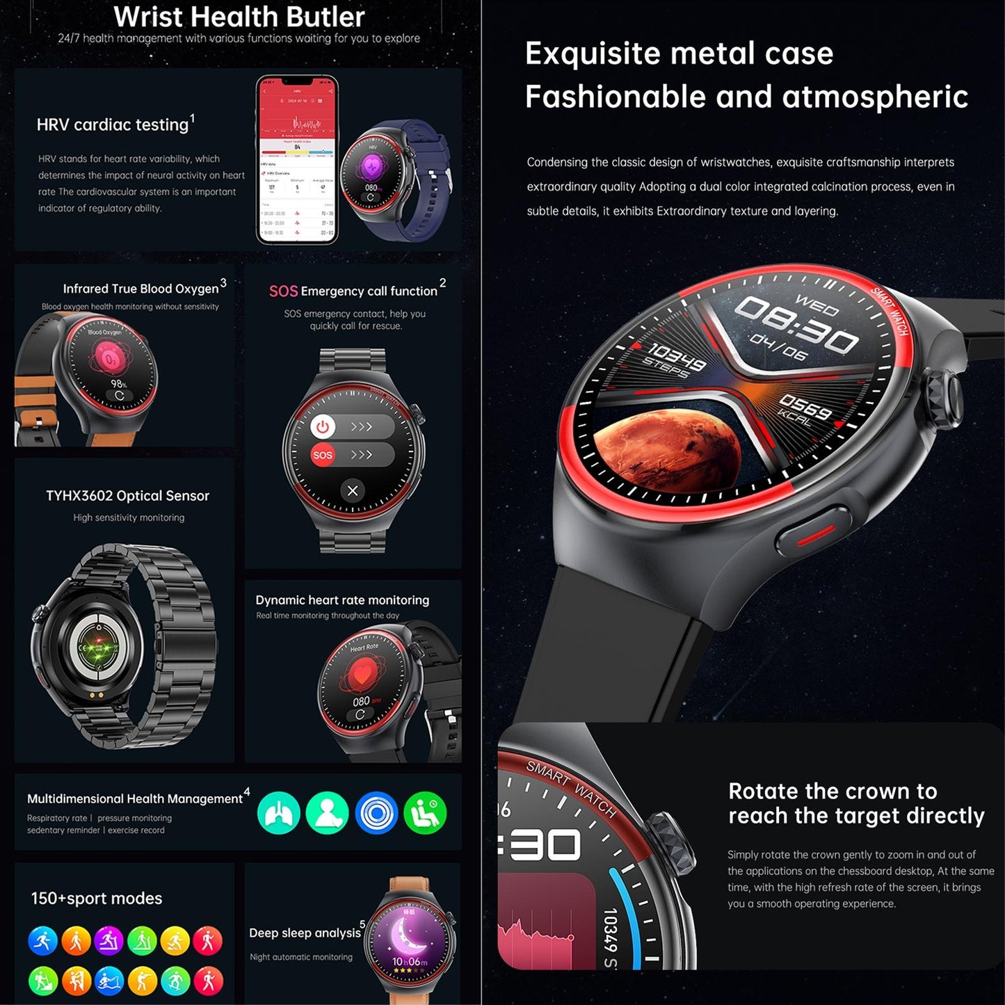 Smart Round Screen Watch With Bt Call And Health Tracking - Leather - Leather Black