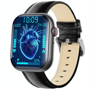 2.1 Inch Screen Smart Watch With Blood Sugar / Blood Oxygen Monitoring / Sos Alarm / 100+ Sports Modes - Black 3-Bead Steel - Black Leather