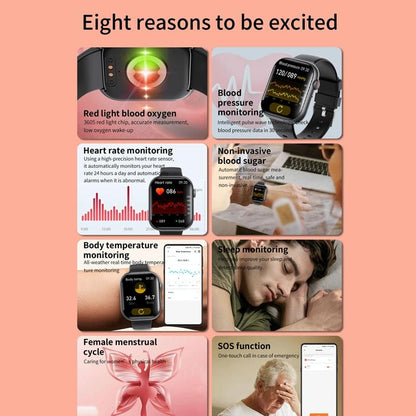 2.1 Inch Screen Smart Watch With Blood Sugar / Blood Oxygen Monitoring / Sos Alarm / 100+ Sports Modes - Black 3-Bead Steel - Black Leather