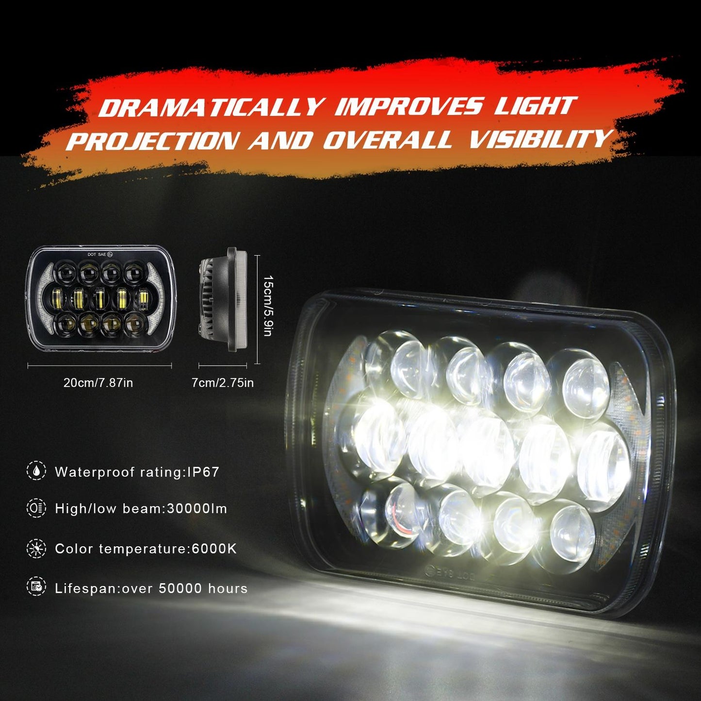 7 Inch 5X7 / 7X6 H4 Dc 9V - 30V 30000Lm 300W 8Leds Car Square Shape Led Headlight Lamps For Jeep Wrangler