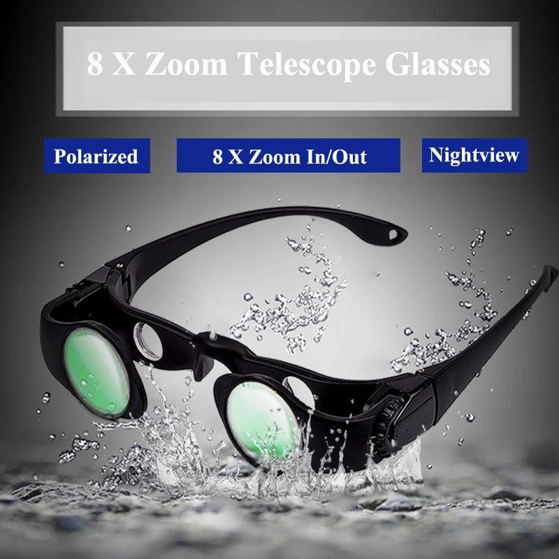 8 X Zoom Fishing Binoculars with polarized, zoom in/out, and nightview features, shown with water splashes.