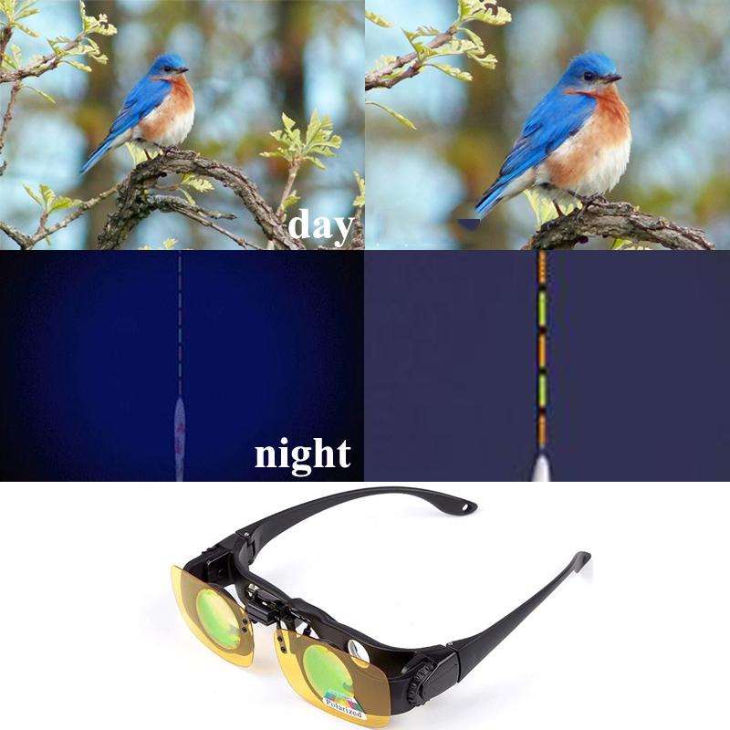 Bird perched on a branch with day and night labels, followed by a pair of Fishing Binoculars with different lenses.