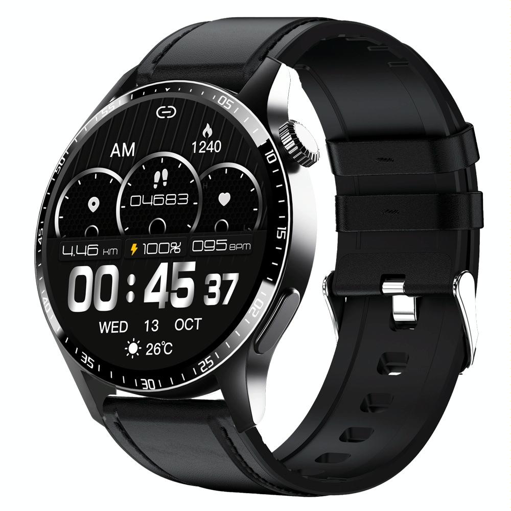1.35 Inch Smart Watch Bluetooth Calls Health Monitoring 150+ Sports Black - Black Leather