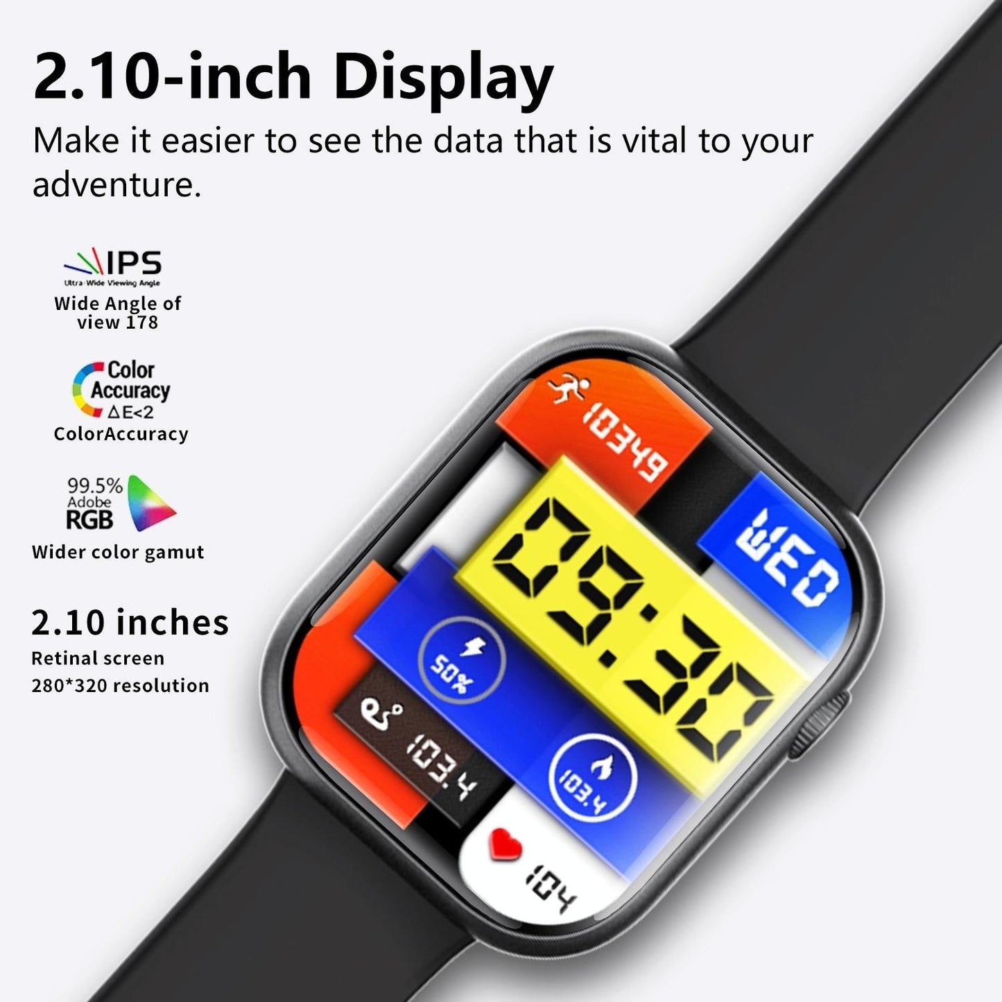 2.1 Inch Screen Smart Watch With Blood Sugar / Blood Oxygen Monitoring / Sos Alarm / 100+ Sports Modes - Black 3-Bead Steel - Black Bamboo