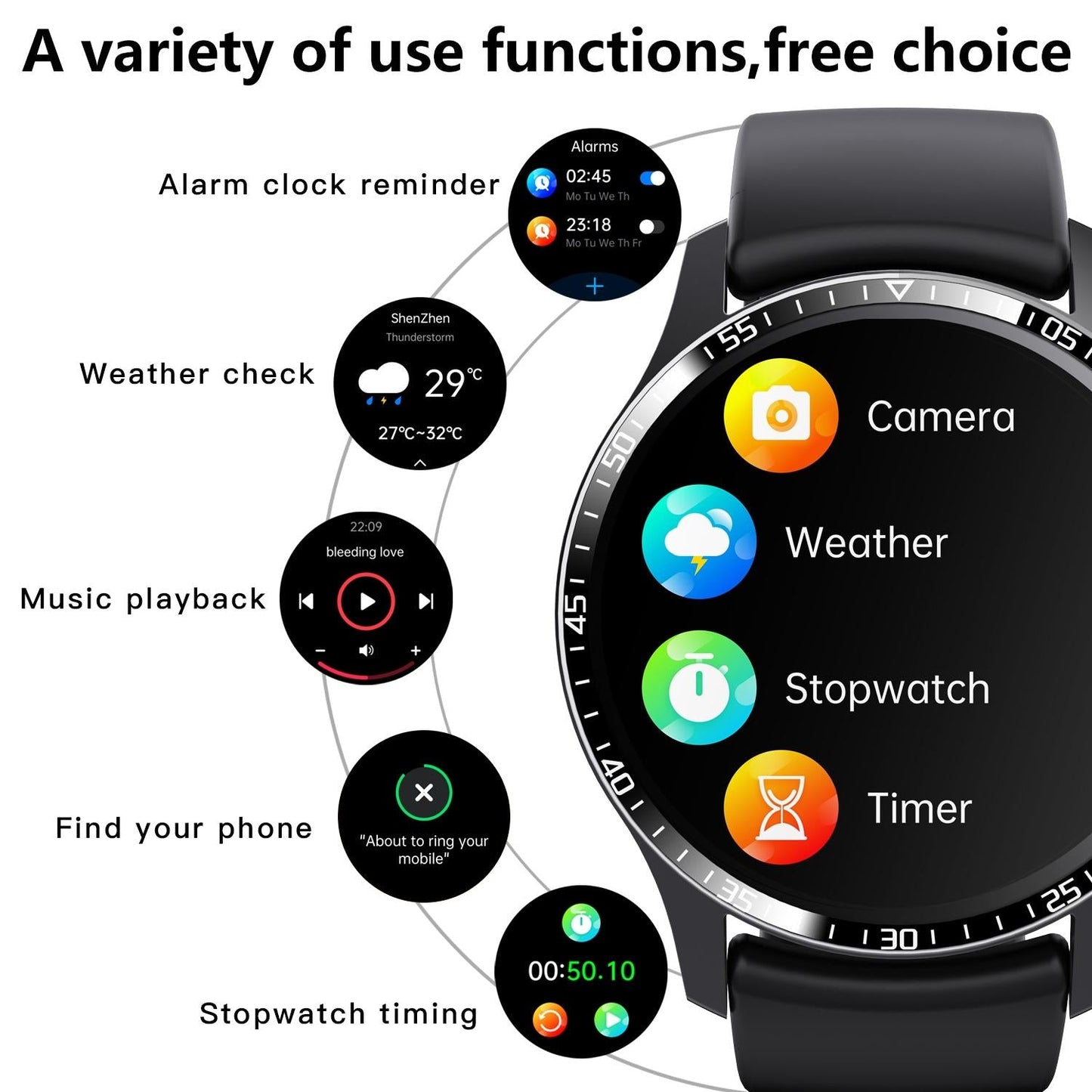 1.35 Inch Smart Watch Bluetooth Calls Health Monitoring 150+ Sports Black - Black Bamboo