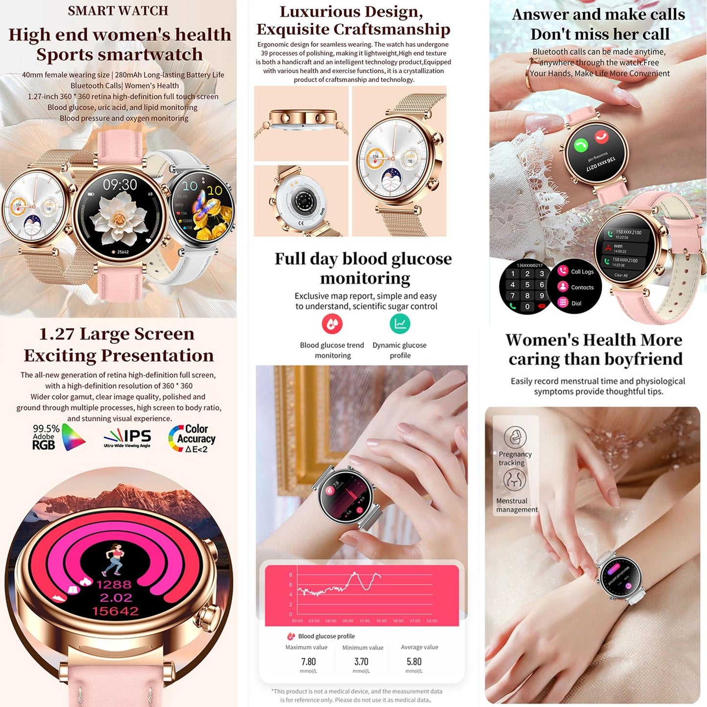 Women Smart Watch With Bt Call Health Tracking And Sos - Compact And Stylish - Rose Gold Pink Leather