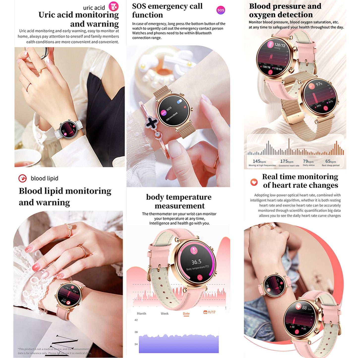 Women Smart Watch With Bt Call Health Tracking And Sos - Compact And Stylish - Rose Gold Pink Leather