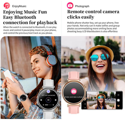 Women Smart Watch With Bt Call Health Tracking And Sos - Compact And Stylish - Rose Gold Pink Leather