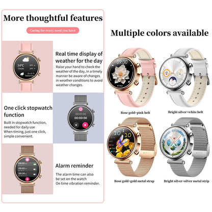 Women Smart Watch With Bt Call Health Tracking And Sos - Compact And Stylish - Rose Gold Pink Leather