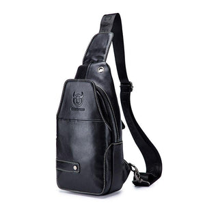 Men Leather Sports Chest Bag First Layer Cowhide - Black - Factory Direct Shop