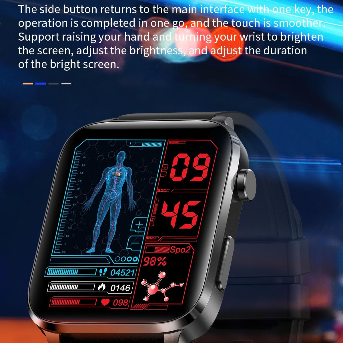 1.7 Inch Hd Square Screen Tpu Strap Smart Watch Supports Body Temperature Monitoring / Blood Oxygen Monitoring - Black