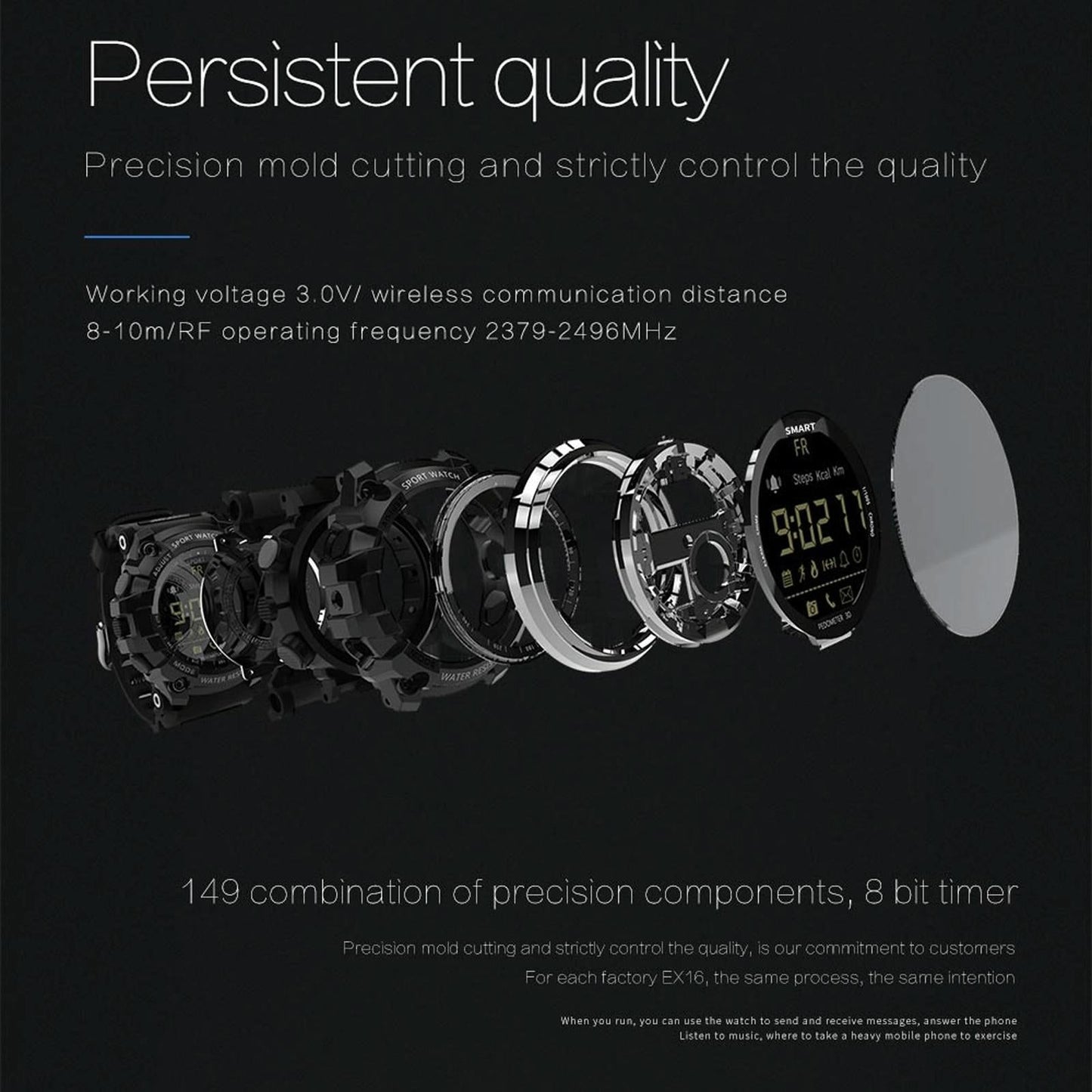 Lcd Screen 50M Waterproof Smart Watch Support Information Reminder / Remote Camera / Walking Motion Monitor Black