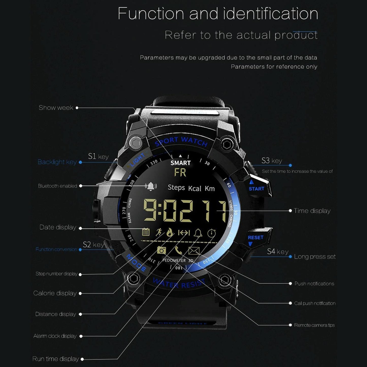 Lcd Screen 50M Waterproof Smart Watch Support Information Reminder / Remote Camera / Walking Motion Monitor Black