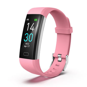 A pink Waterproof Fitness Tracker Watch with a digital display showing time and date, attached to a pink band.