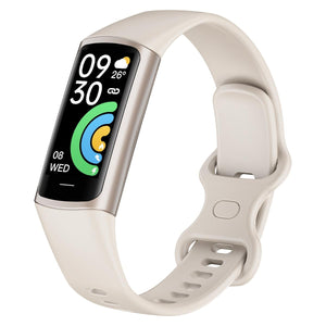 White fitness tracker with a digital display on a white background