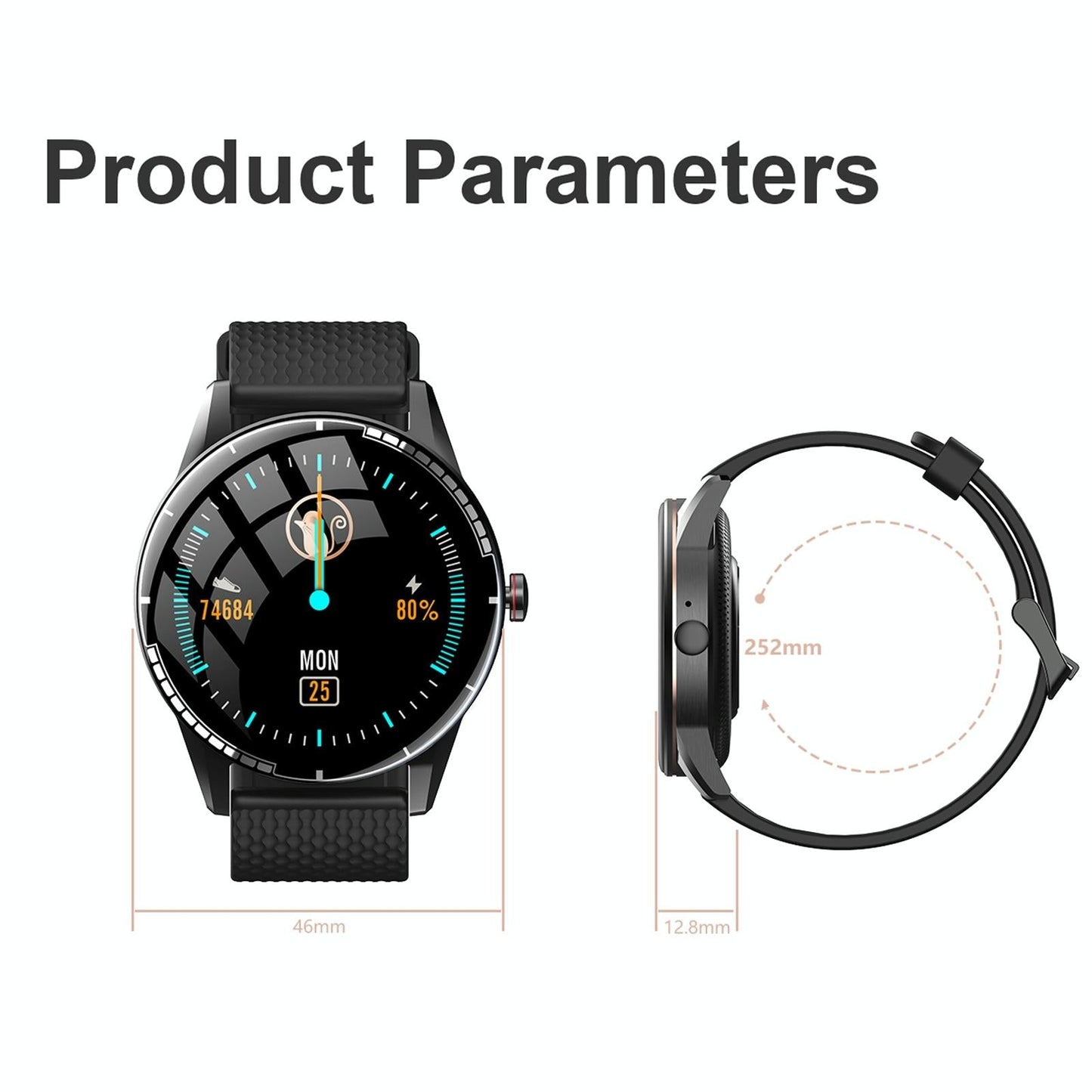 1.28 Inch Touch Screen Ip67 Waterproof Smart Watch Support Bluetooth Call / Sleep Monitoring / Heart Rate Monitoring Black