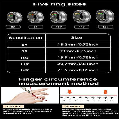 Smart Ring With Heart Rate Blood Oxygen Sleep & Sports Modes - Size 11 - Black