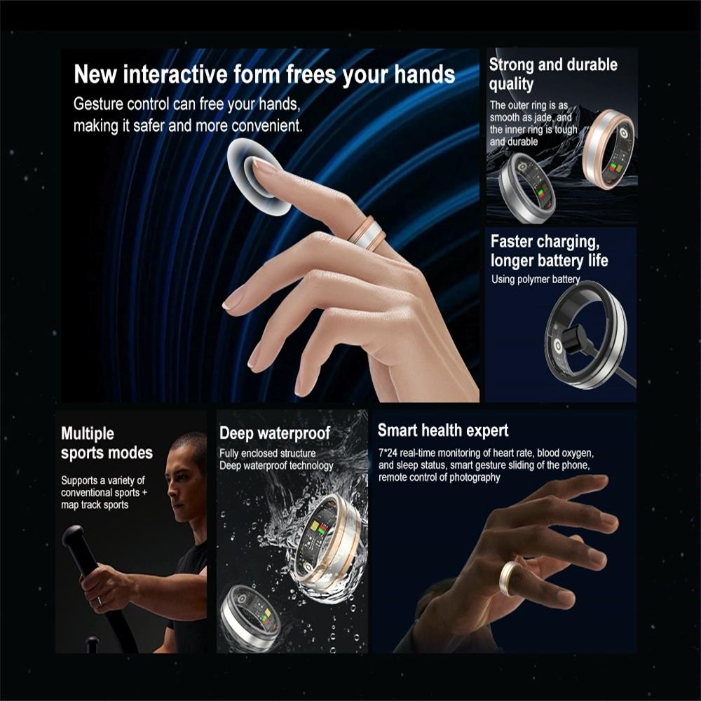 Smart Ring With Heart Rate Blood Oxygen Sleep & Sports Modes - Size 11 - Black