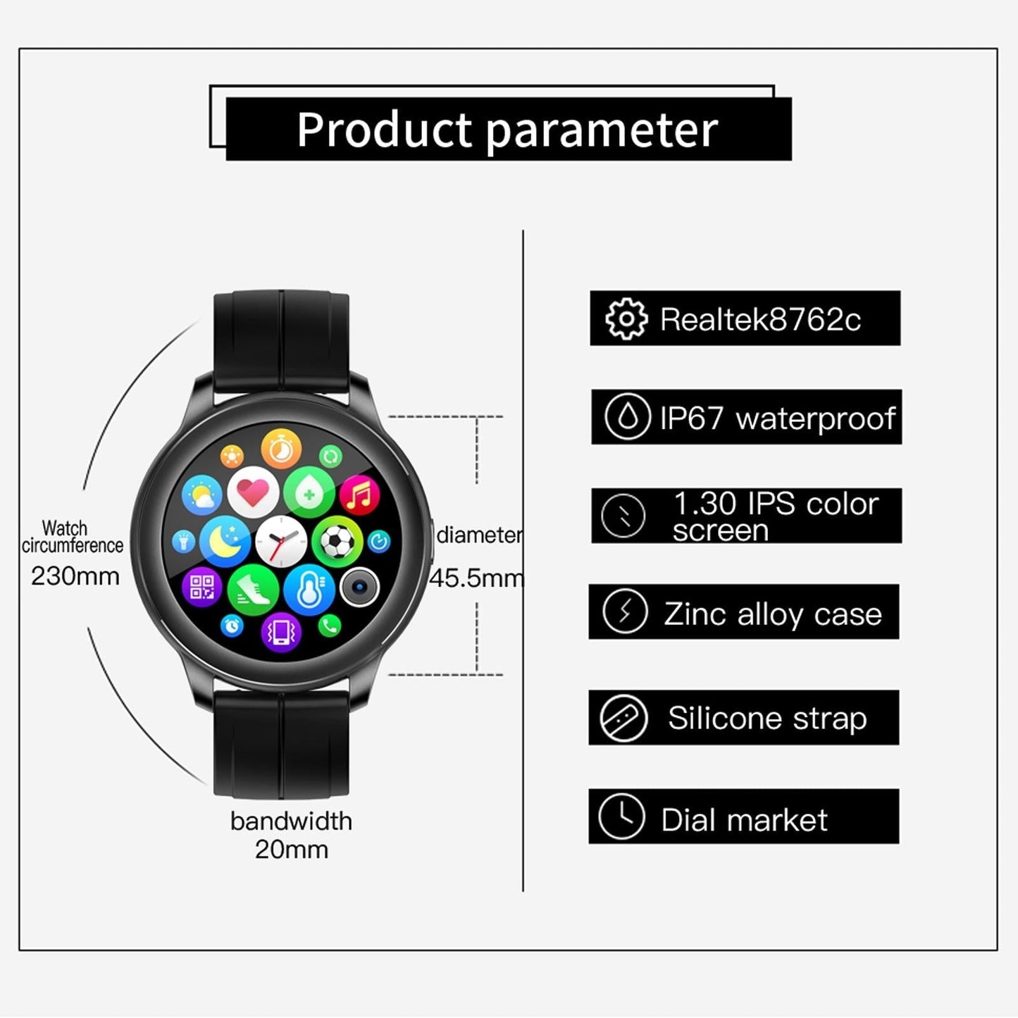 1.3 Inch Ips Colour Screen Ip67 Waterproof Smart Watch Support Sleep Monitor / Heart Rate Monitor / Blood Pressure Monitor - Black