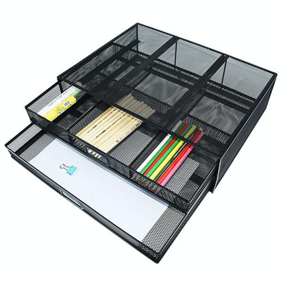 Double Iron Desktop Stand with Drawer for Height Increase and Storage - Black