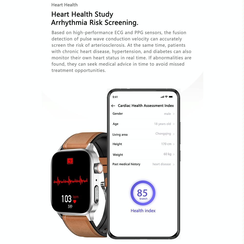 1.85 Inch Tft Screen Leather Band Health Smart Watch Support Bluetooth Call / Plateau Blood Oxygen / Body Temperature / Arrhythmia / Ti Heart Rate Monitoring - Black