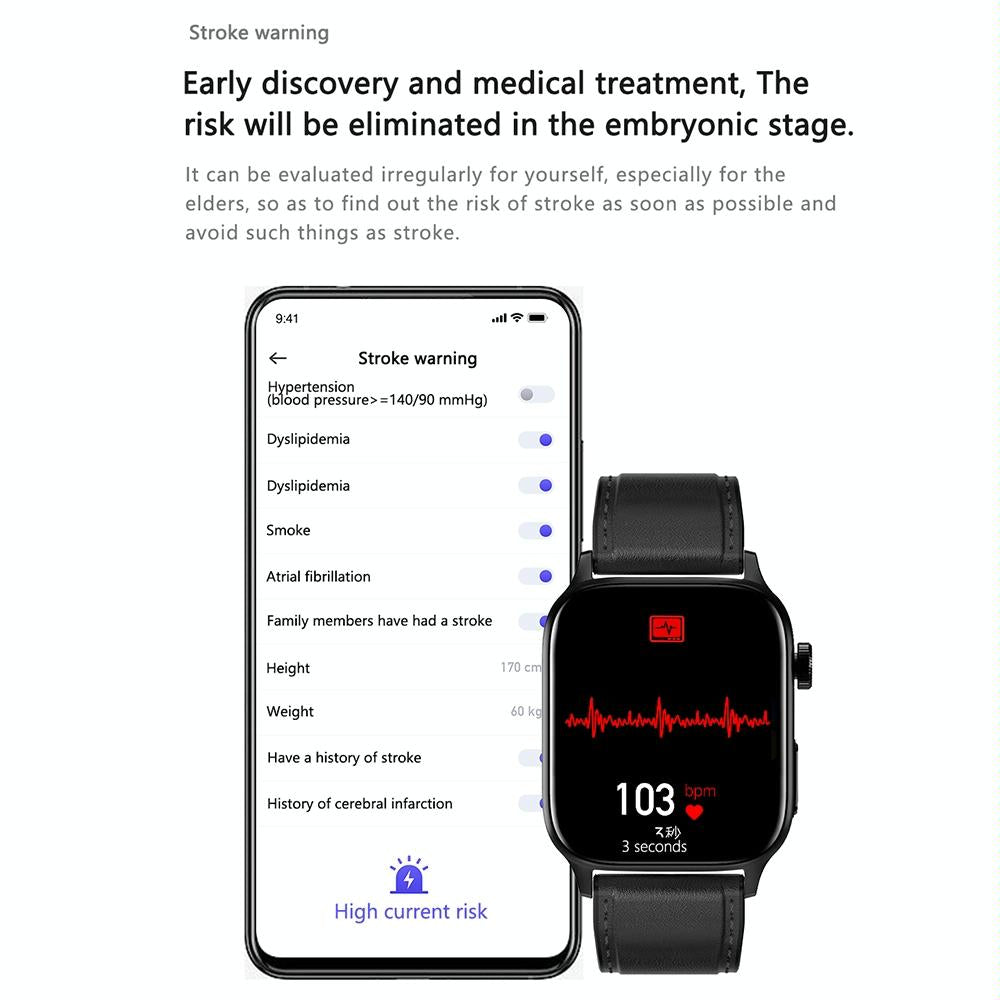 1.85 Inch Tft Screen Leather Band Health Smart Watch Support Bluetooth Call / Plateau Blood Oxygen / Body Temperature / Arrhythmia / Ti Heart Rate Monitoring - Black
