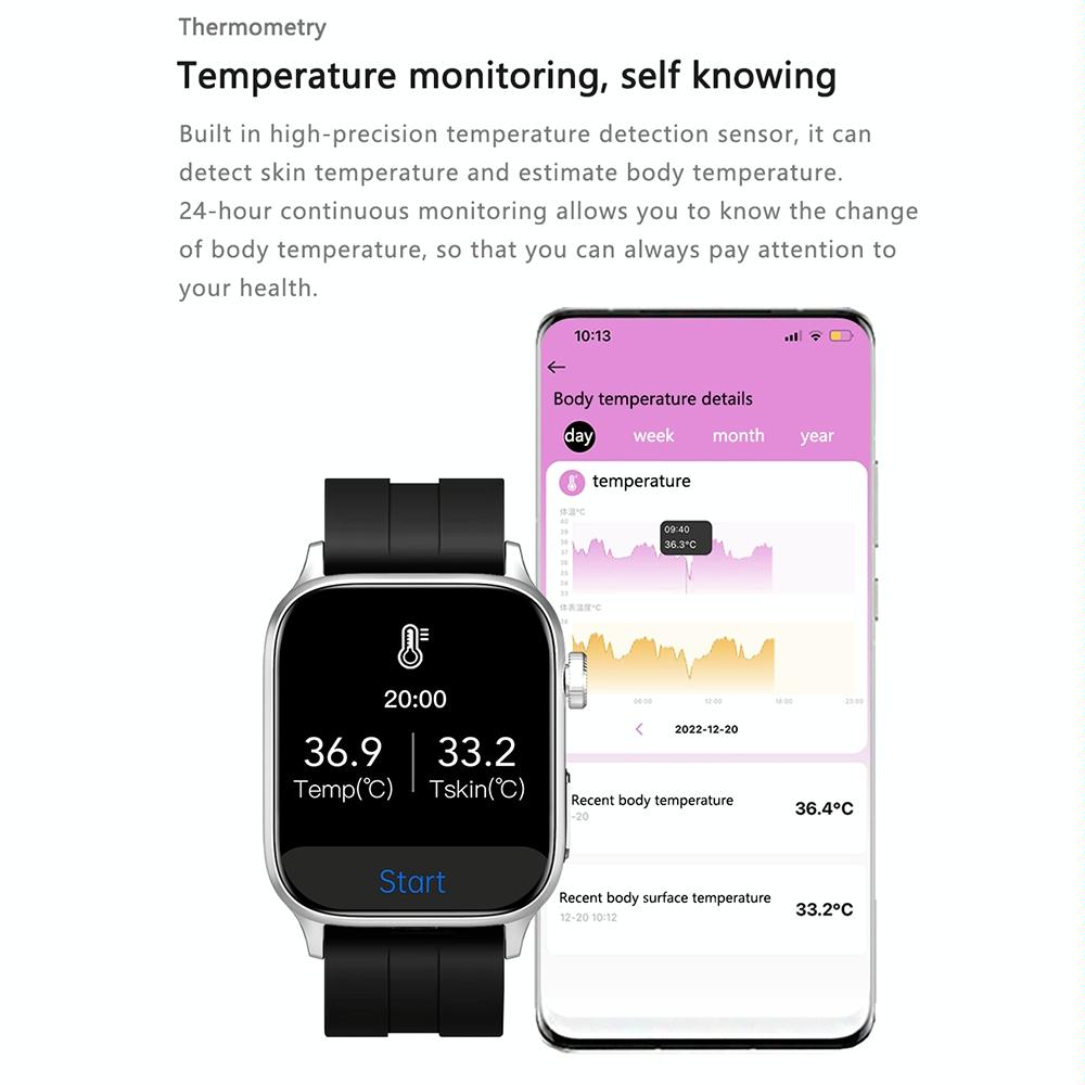 1.85 Inch Tft Screen Leather Band Health Smart Watch Support Bluetooth Call / Plateau Blood Oxygen / Body Temperature / Arrhythmia / Ti Heart Rate Monitoring - Black