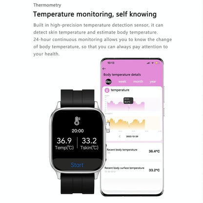 1.85 Inch Tft Screen Leather Band Health Smart Watch Support Bluetooth Call / Plateau Blood Oxygen / Body Temperature / Arrhythmia / Ti Heart Rate Monitoring - Black