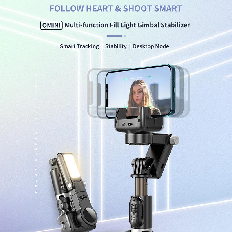 Desktop Gimbal Stabilizer with Fill Light and Selfie Stick - Black