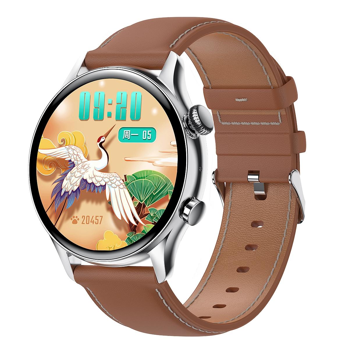 1.36 Inch Amoled Screen Leather Strap Smart Watch Support Nfc Function / Blood Oxygen Monitoring - Gold