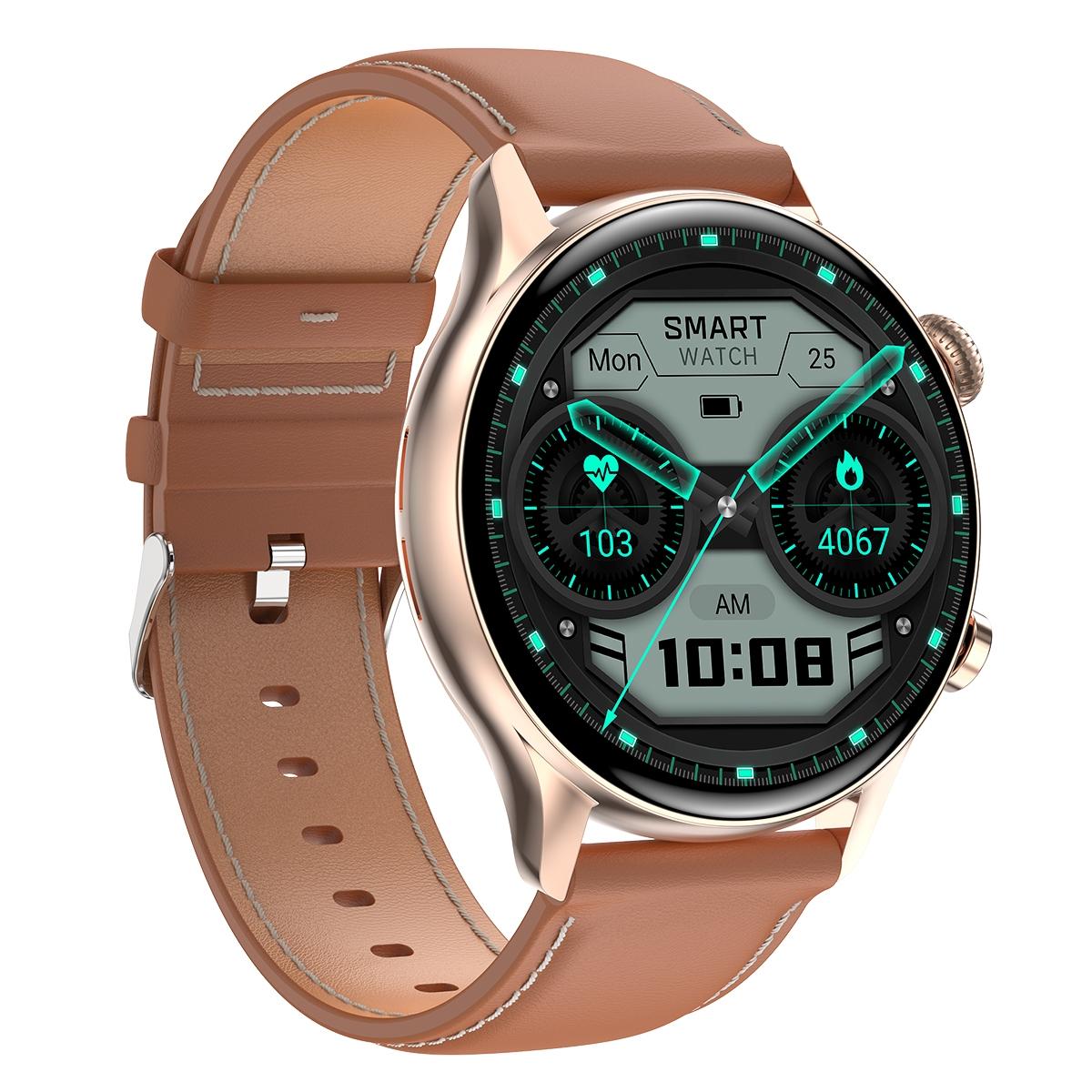 1.36 Inch Amoled Screen Leather Strap Smart Watch Support Nfc Function / Blood Oxygen Monitoring - Gold