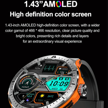 1.43 Inch Bt5.3 Ip68 Sport Smart Watch Support Bluetooth Call / Message Notification / Heart Rate / Blood Pressure Health Monitor - Orange