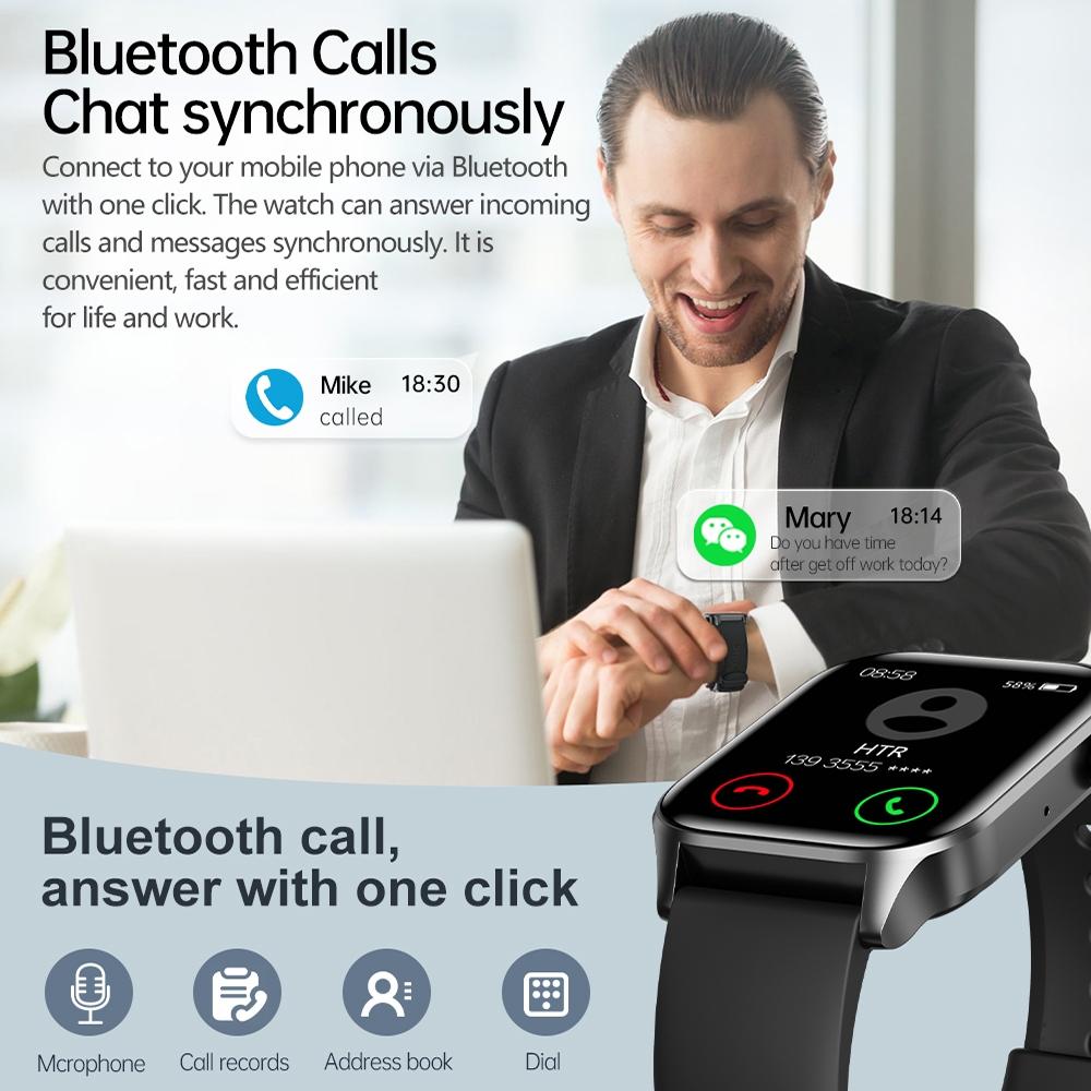 1.85 Inch Ip67 Waterproof Sports Health Monitoring Bluetooth Call Smart Watch - Black