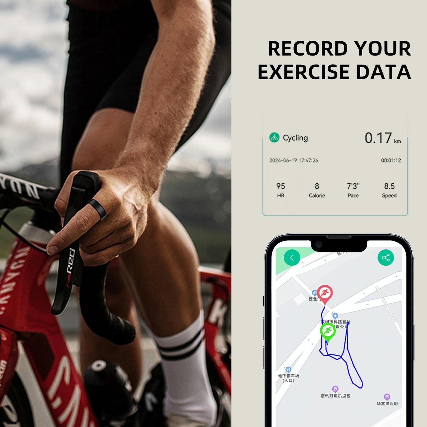 Smart Ring With Heart Rate Blood Oxygen Sleep & Sports Modes - Size 8 - Black