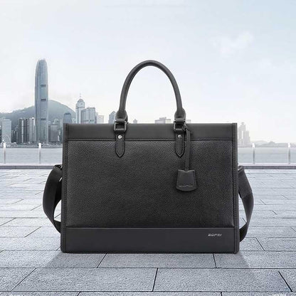 Large-capacity Leather Laptop Messenger Briefcase in Black