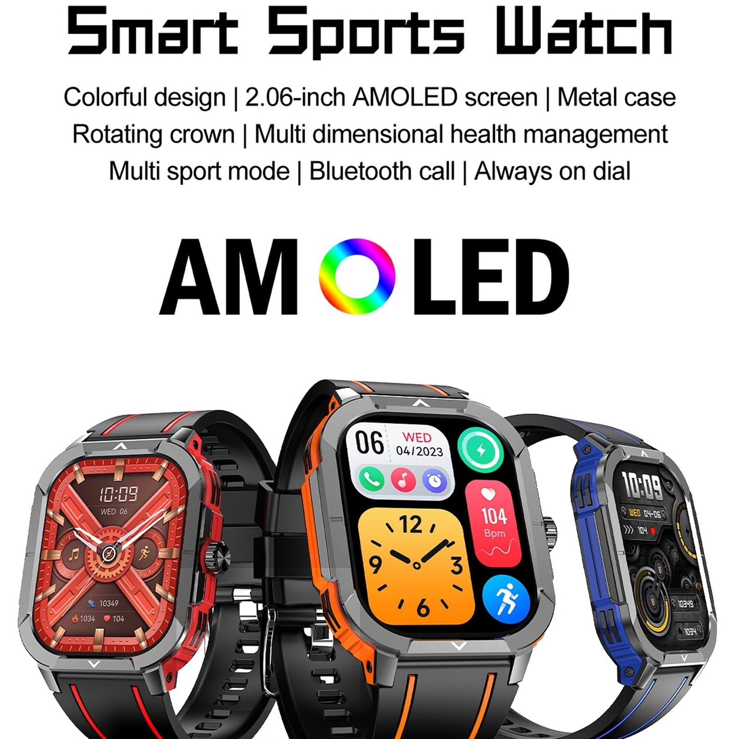 2.06 Inch Bt5.3 Ip68 Sport Smart Watch Bluetooth Call / Message / Health - Orange