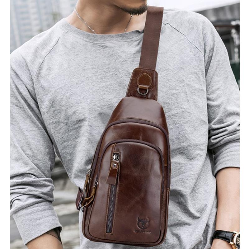 Men Leather Crossbody Chest Bag Multi Function - Black - Factory Direct Shop