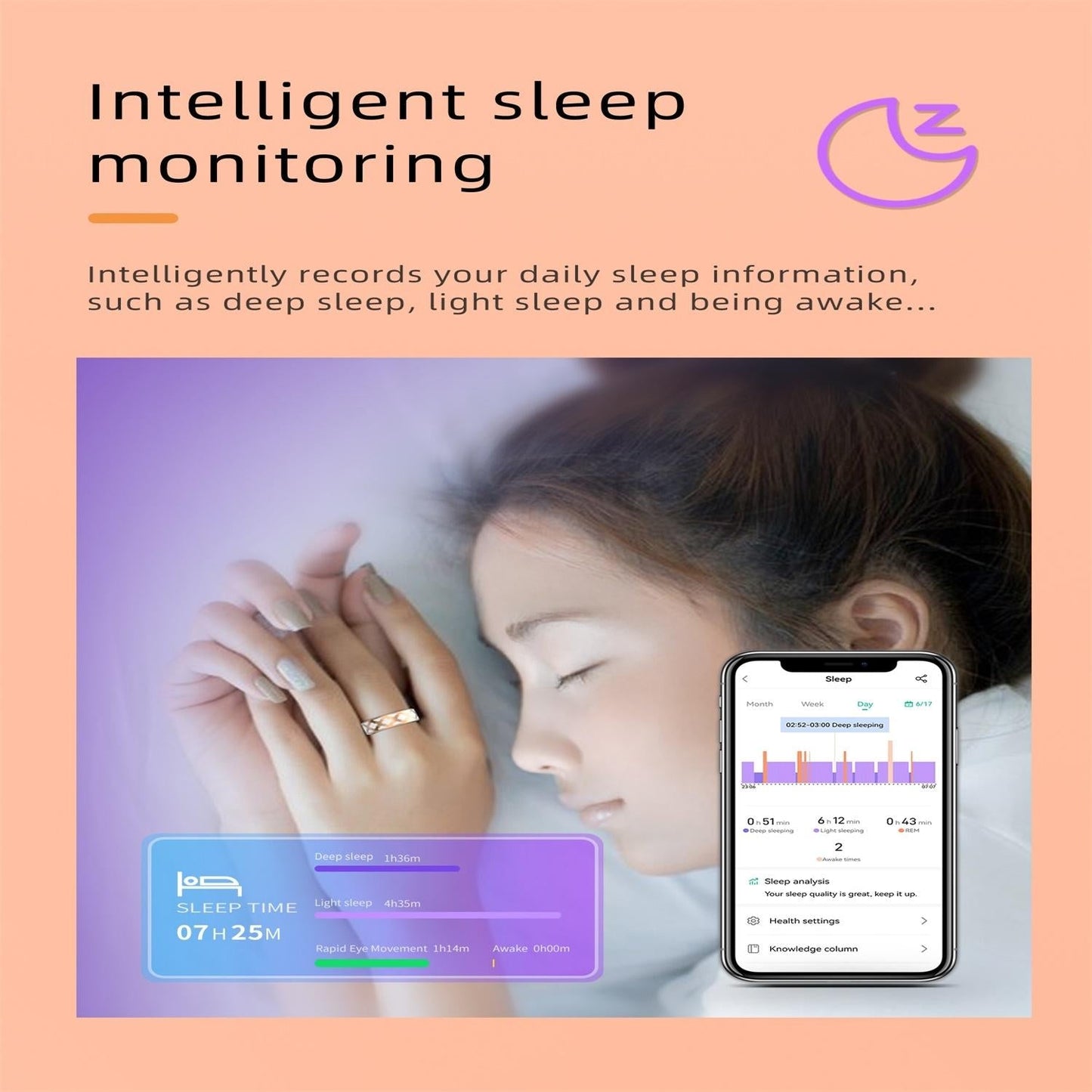 Smart Ring With Heart Rate Blood Oxygen Sleep Monitoring - Rose Gold Size 9