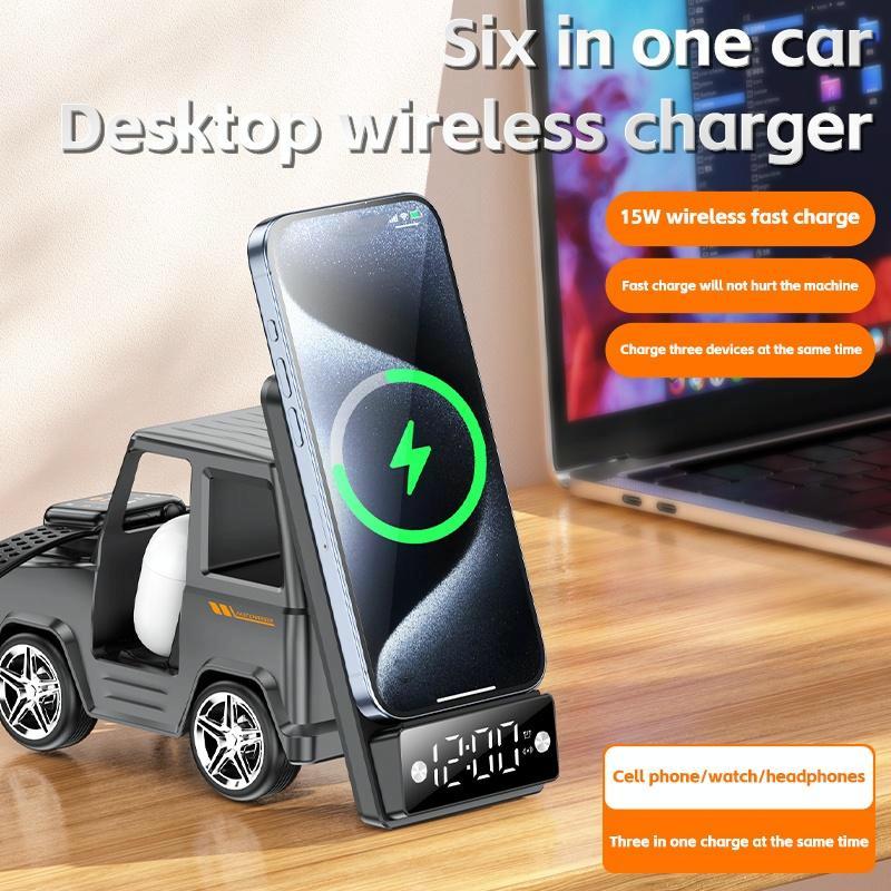 6 In 1 Car Shape Speaker With Clock & Wireless Charger - Grey