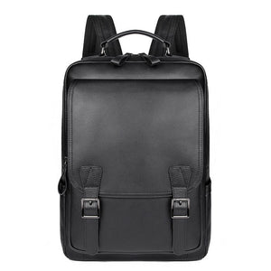 Men Black Cowhide Leather Backpack for Casual Business with Laptop Compartment