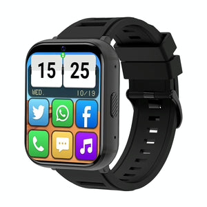 A black 4G smartwatch with a 1.99 inch screen displaying app icons, showing a colorful user interface with social media buttons, and a black band.